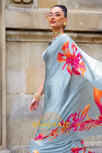 Regal Bluish Grey Satin Silk Floral Printed Saree