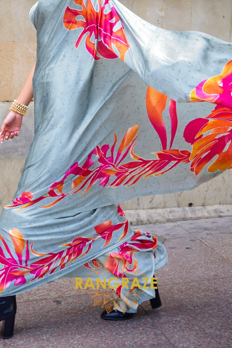 Regal Bluish Grey Satin Silk Floral Printed Saree