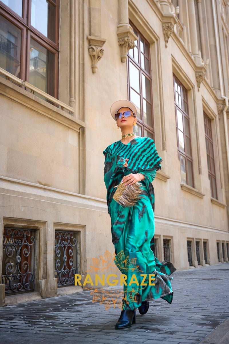 Royal Sea Green Satin Silk Printed Saree