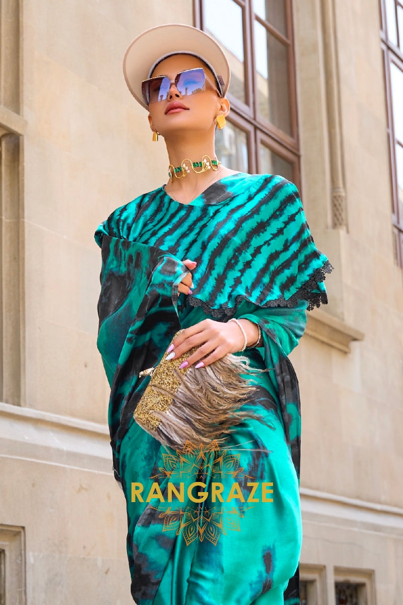 Royal Sea Green Satin Silk Printed Saree