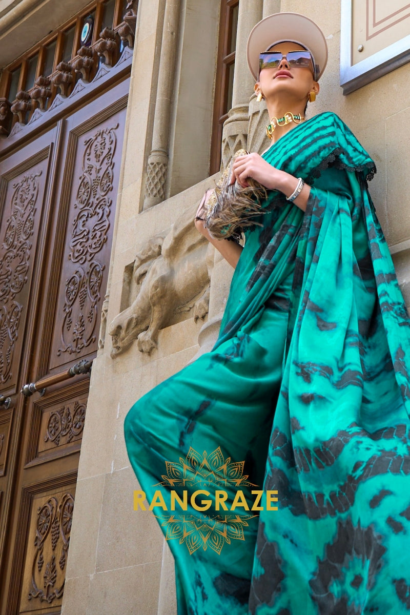 Royal Sea Green Satin Silk Printed Saree