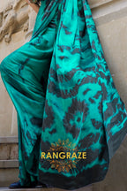 Royal Sea Green Satin Silk Printed Saree