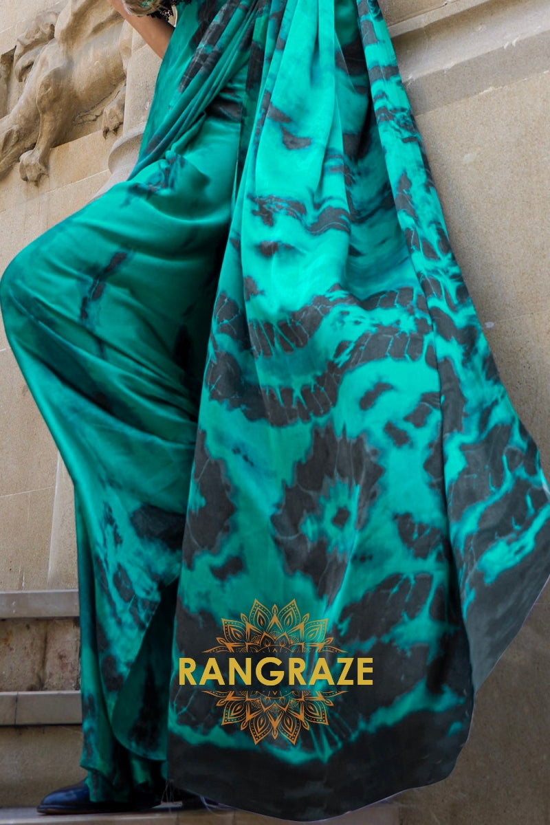 Royal Sea Green Satin Silk Printed Saree
