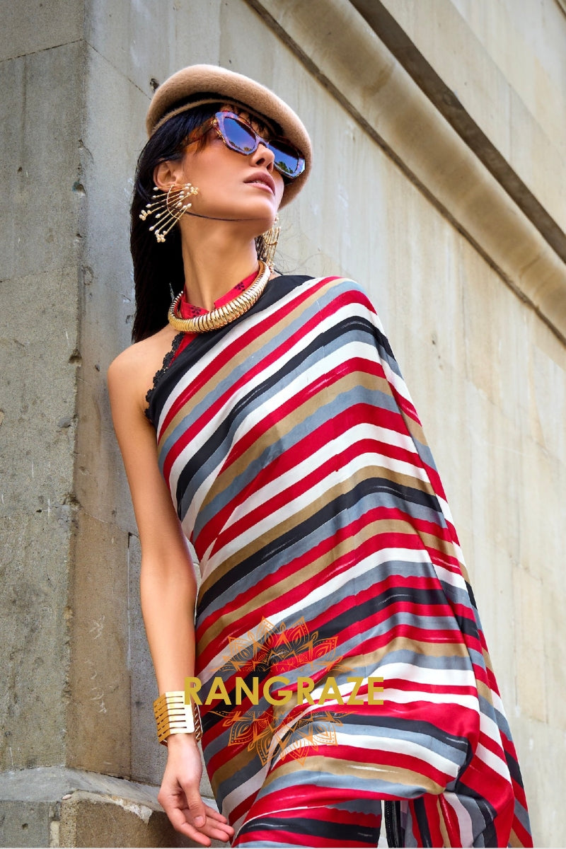 Rajwada Red Multi Color Stripe Satin Silk Printed Saree