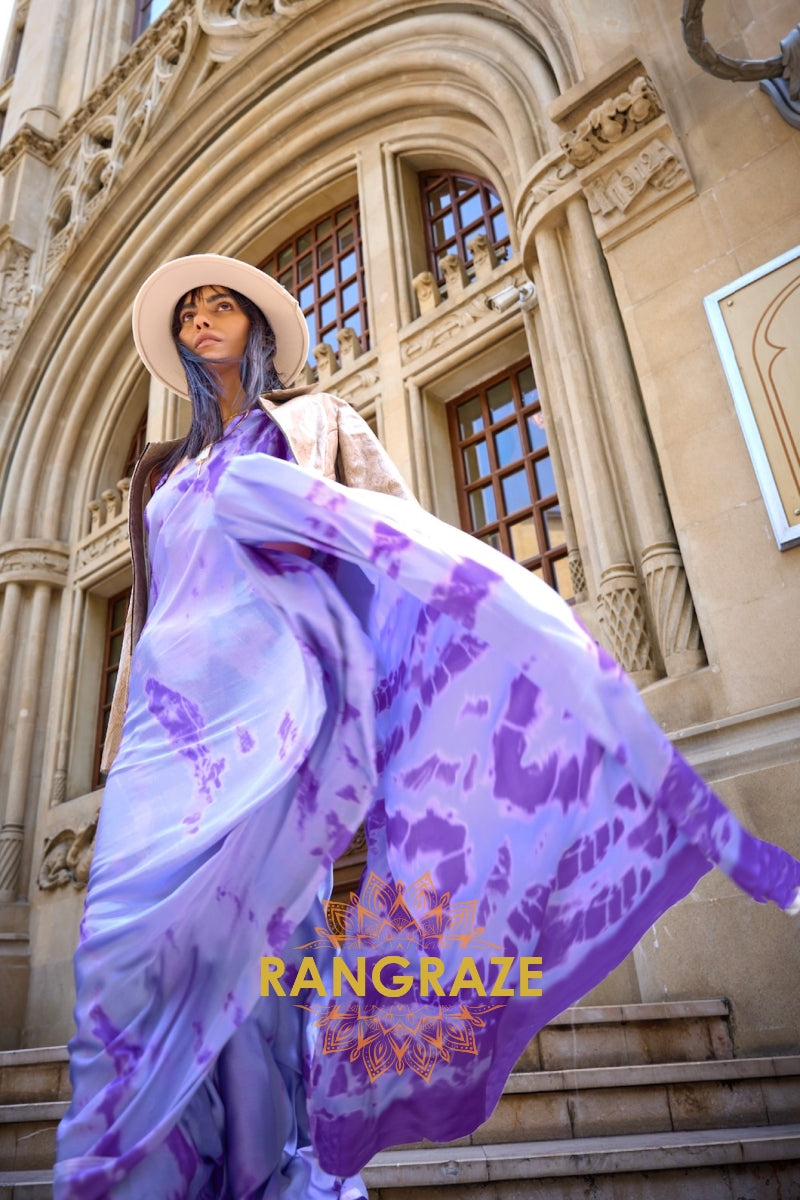 Royal Purple Satin Silk Printed Saree