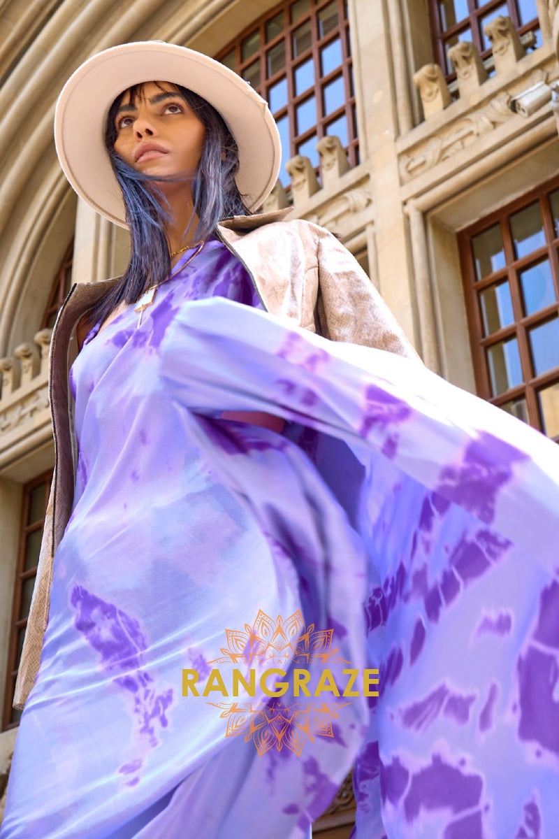 Royal Purple Satin Silk Printed Saree