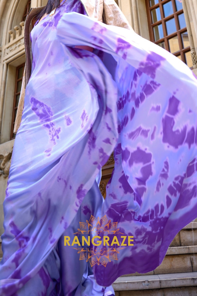Royal Purple Satin Silk Printed Saree