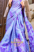 Royal Purple Satin Silk Printed Saree