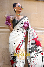 Rajwada Ivory White Satin Silk Printed Saree