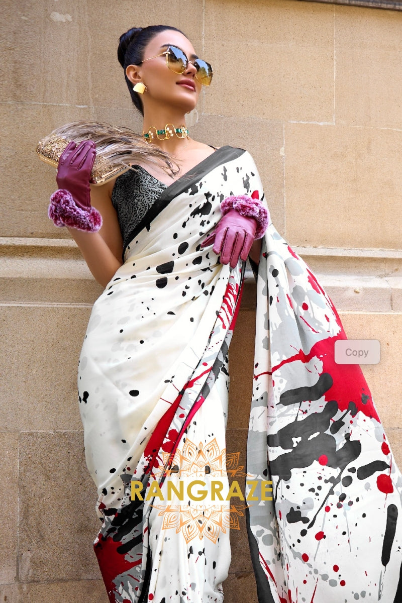 Rajwada Ivory White Satin Silk Printed Saree