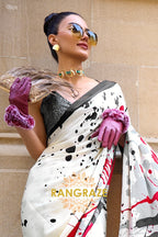 Rajwada Ivory White Satin Silk Printed Saree