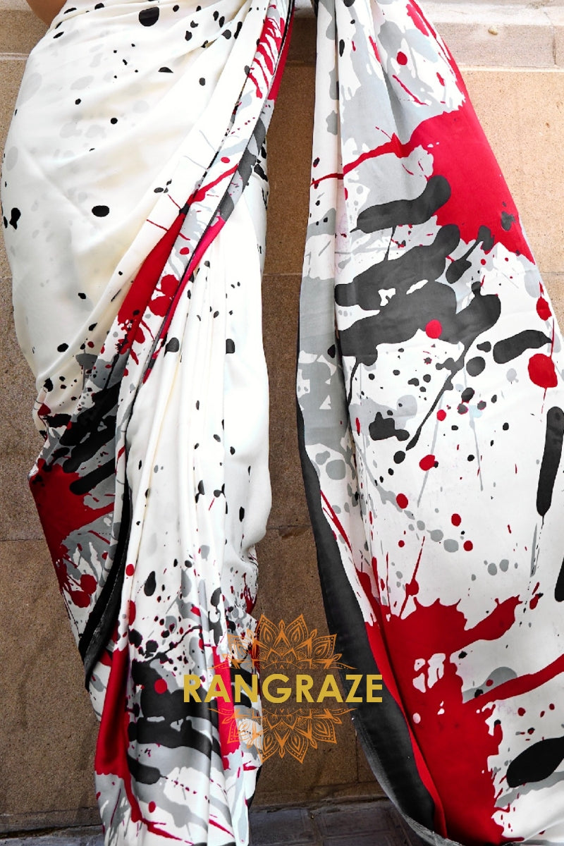 Rajwada Ivory White Satin Silk Printed Saree