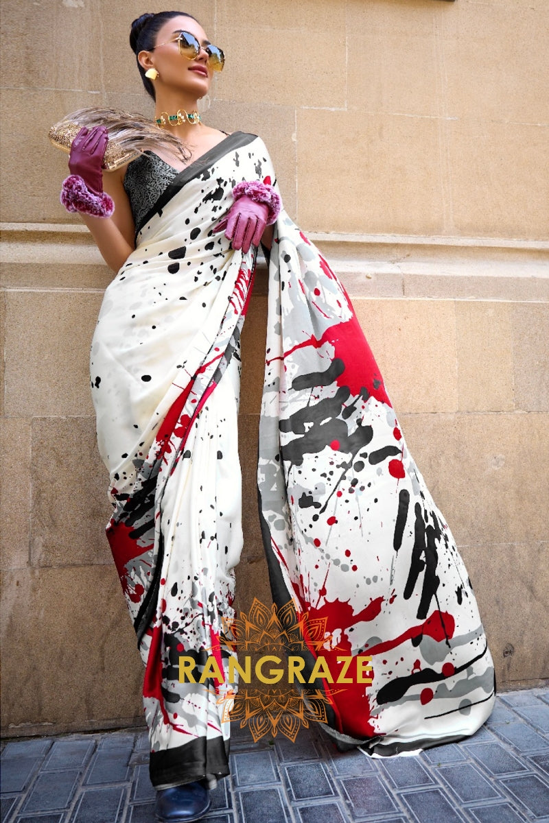 Rajwada Ivory White Satin Silk Printed Saree