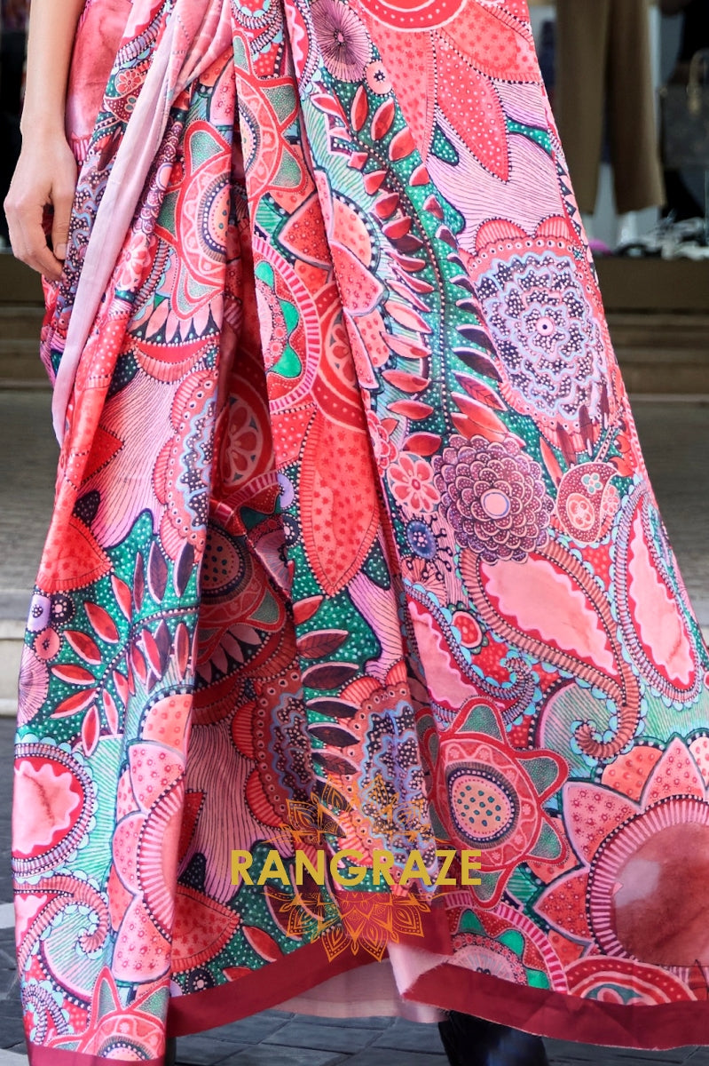 Stunning Royal Pink Digital Print Satin Soft Silk Saree