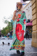 Turquoise Green Apex Pure Satin Silk Digital Print Saree