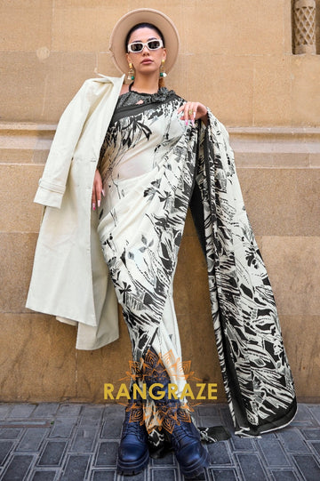 Royal Beige Satin Silk Printed Saree