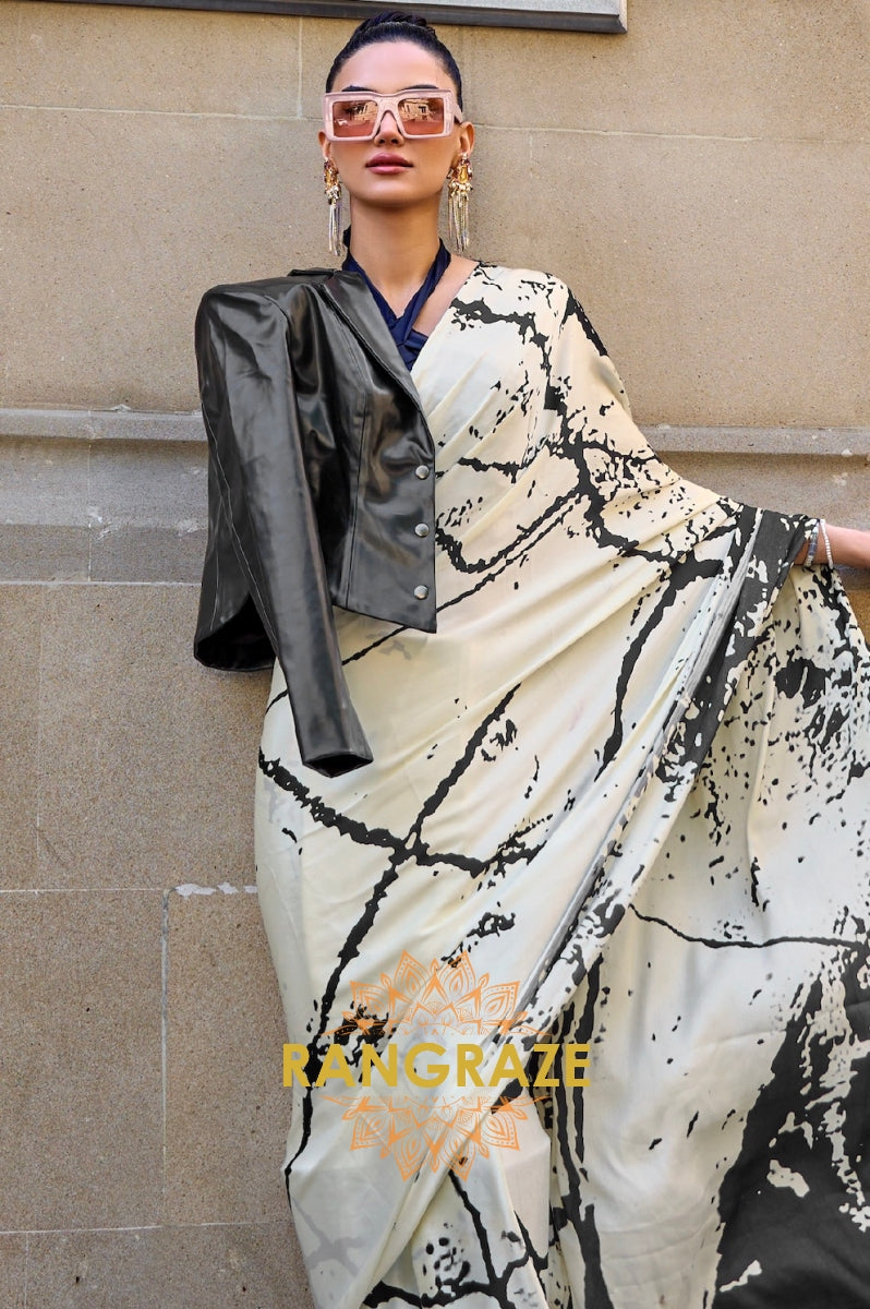 Royal Beige Satin Silk Printed Saree