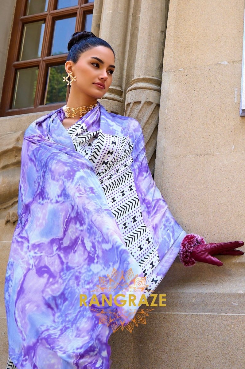 Royal White And Purple Satin Silk Printed Saree
