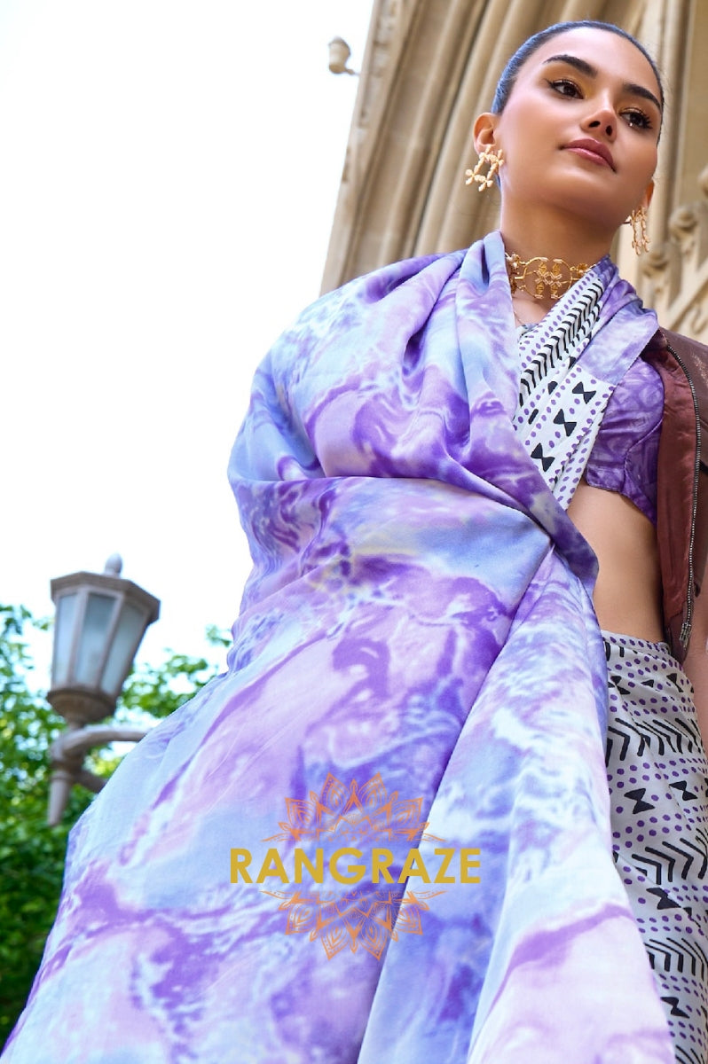 Royal White And Purple Satin Silk Printed Saree