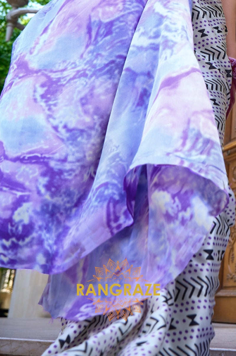 Royal White And Purple Satin Silk Printed Saree