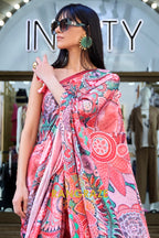 Stunning Royal Pink Digital Print Satin Soft Silk Saree