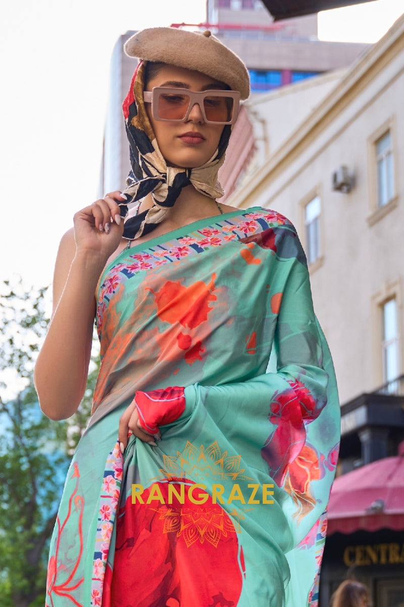 Turquoise Green Apex Pure Satin Silk Digital Print Saree
