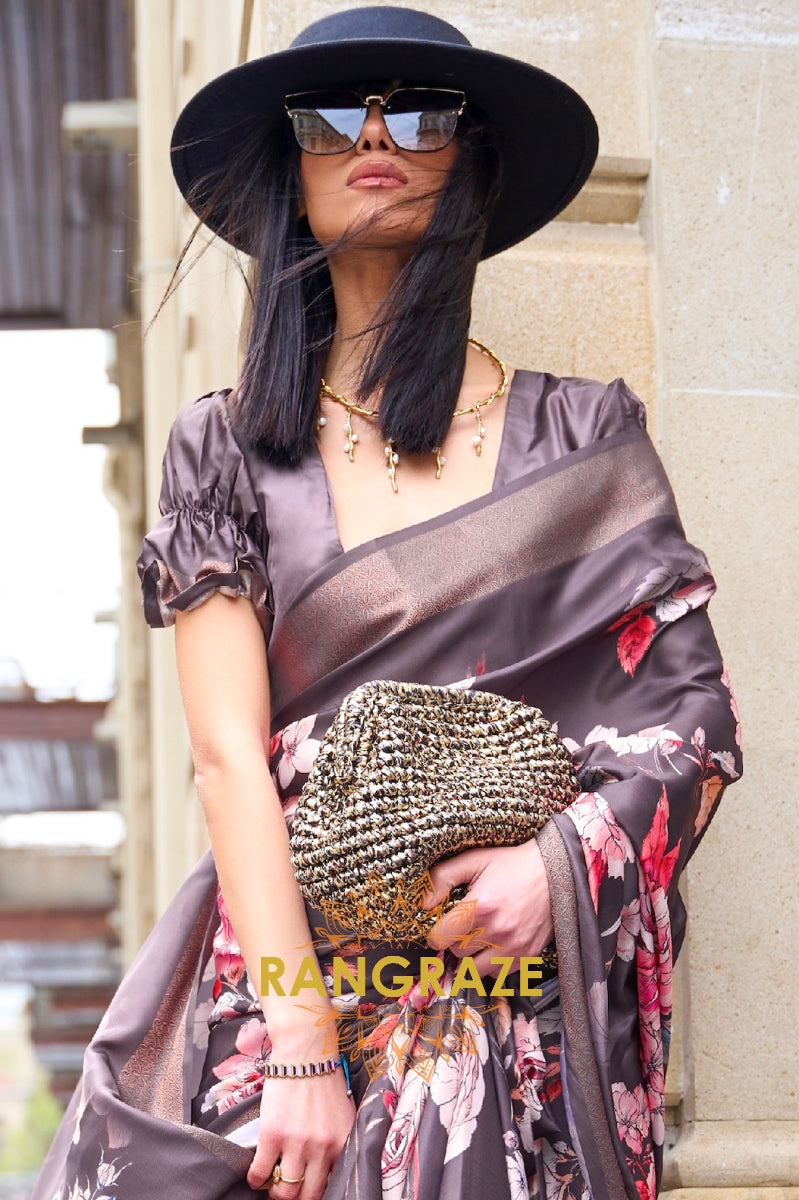 Brown Floral Pure Gajji Silk Print Handloom Weaving
