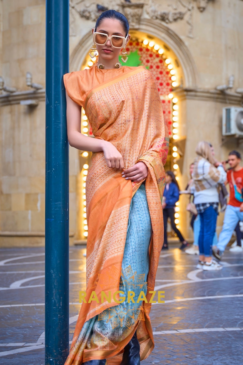 Timeless Peachy Pink Print Handloom Weaving Viscose Silk Saree