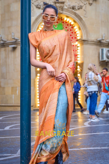 Timeless Peachy Pink Print Handloom Weaving Viscose Silk Saree