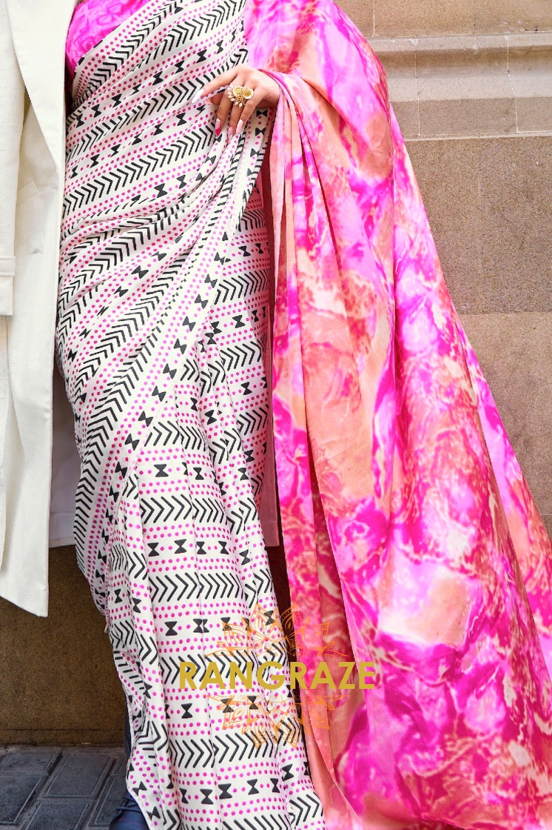 Royal Pink And Pearl White Satin Silk Printed Saree