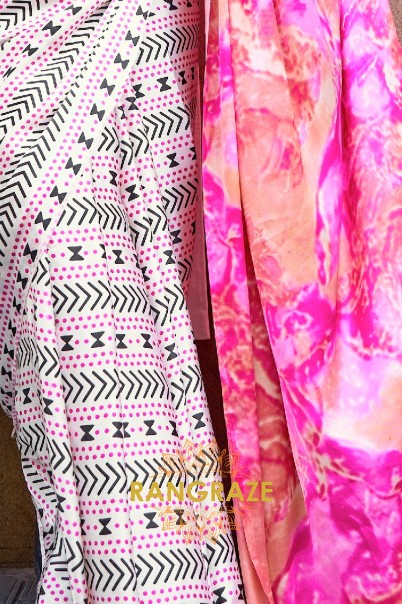 Royal Pink And Pearl White Satin Silk Printed Saree