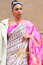 Royal Pink And Pearl White Satin Silk Printed Saree