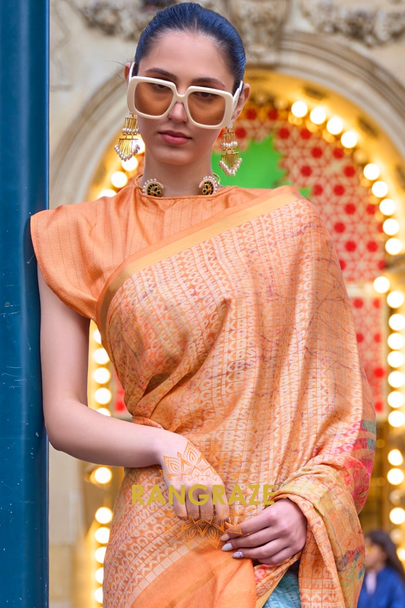 Timeless Peachy Pink Print Handloom Weaving Viscose Silk Saree