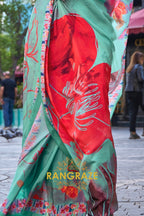 Turquoise Green Apex Pure Satin Silk Digital Print Saree