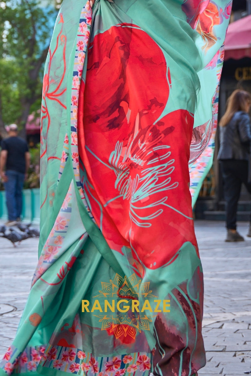 Turquoise Green Apex Pure Satin Silk Digital Print Saree