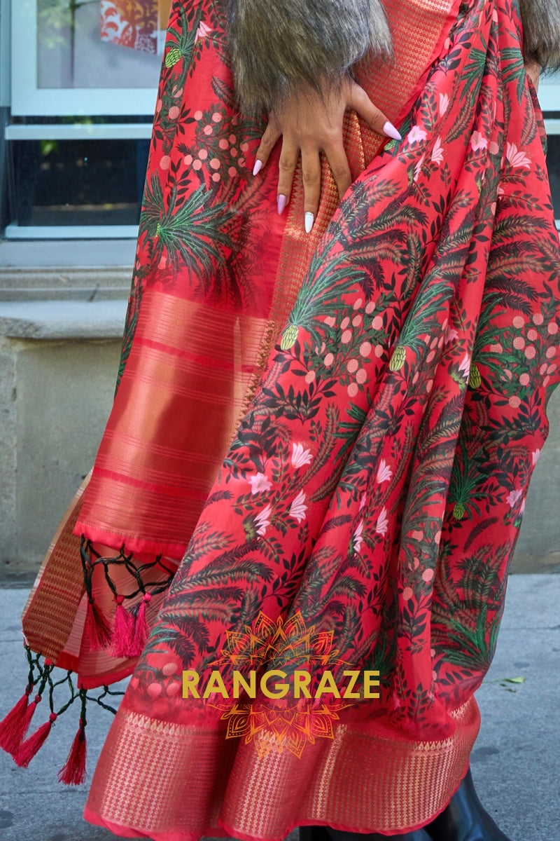Orchid Candy Red Floral Print Satin Organza Weaving Saree