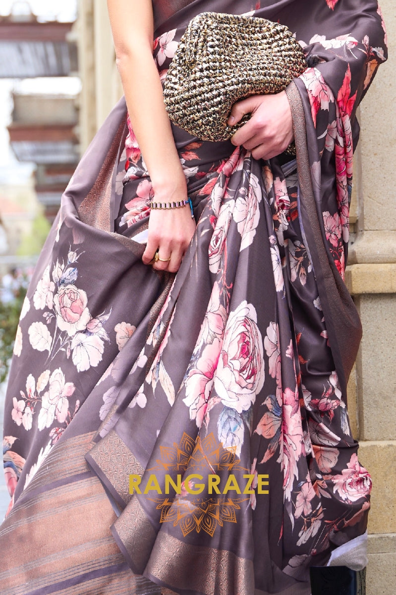 Brown Floral Pure Gajji Silk Print Handloom Weaving