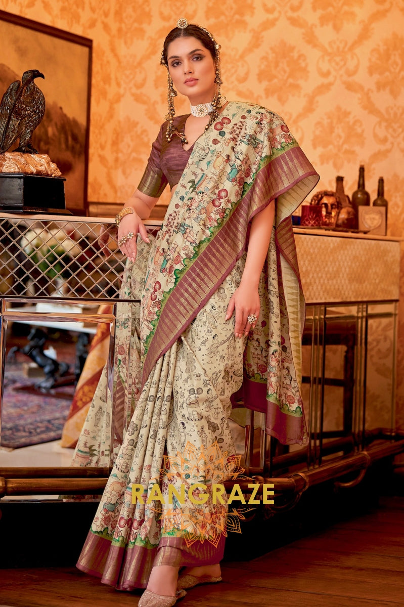 Brown Beige Weaving Rich Print Manipuri Temple Patta Saree