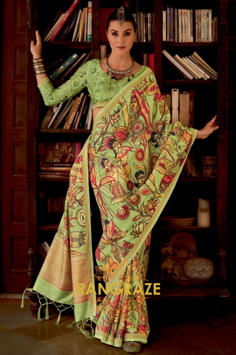 Lime Green Weaving Katav Jari Pata Printed Saree