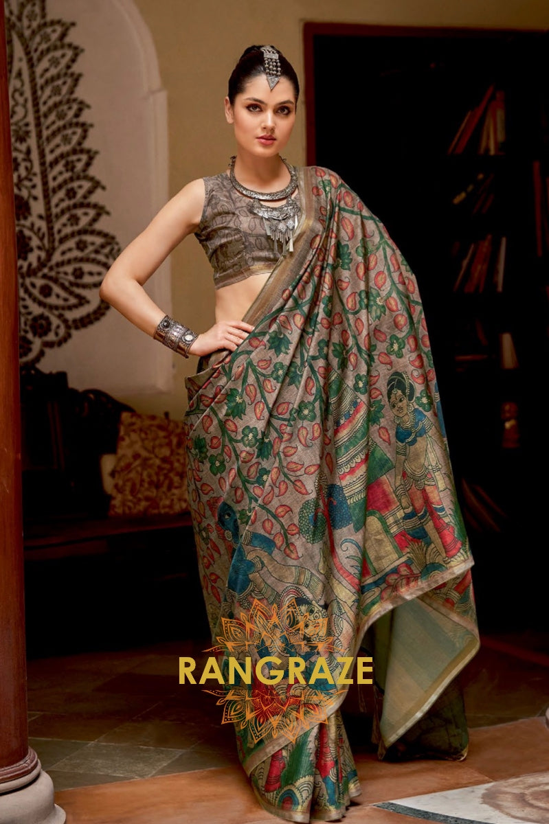 Metal Grey Weaving Katav Jari Pata Printed Saree