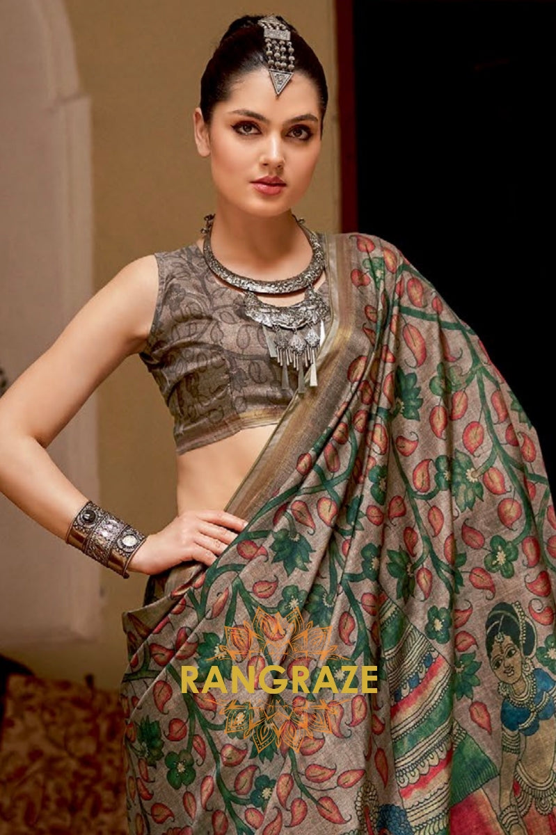 Metal Grey Weaving Katav Jari Pata Printed Saree