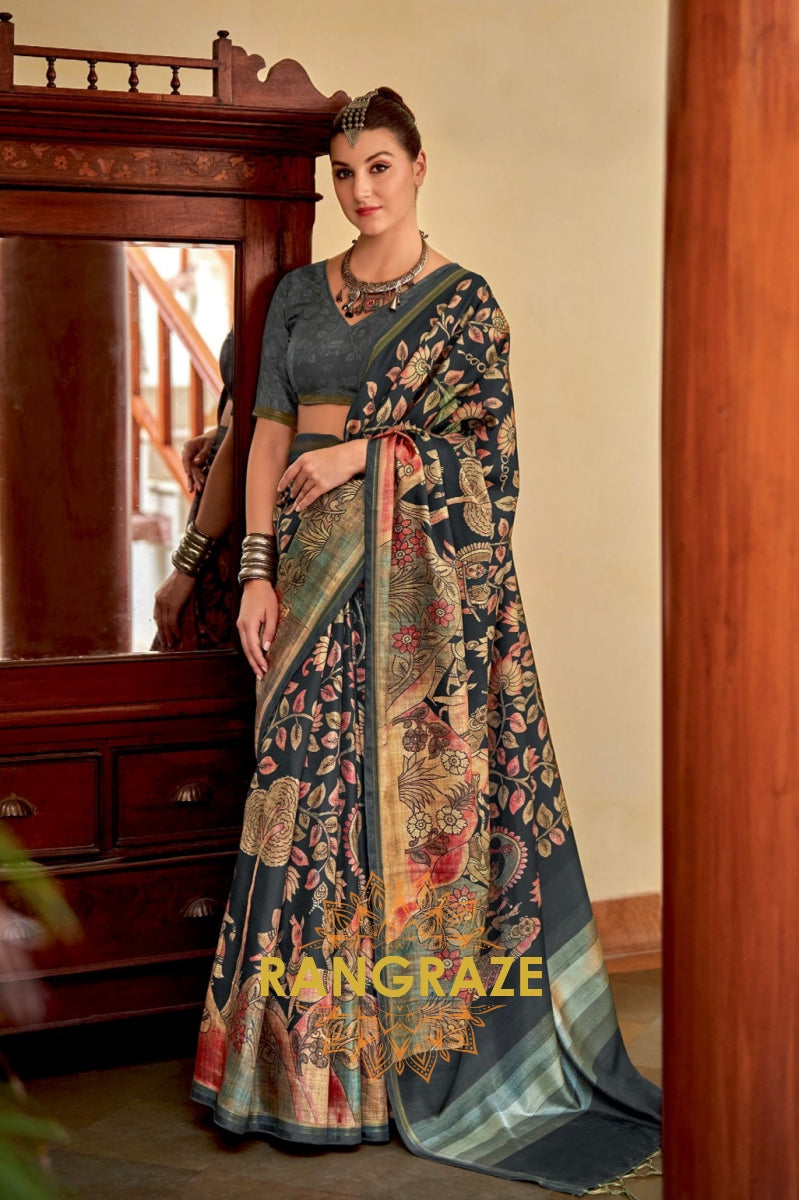 Jet Black Weaving Katav Jari Pata Printed Saree