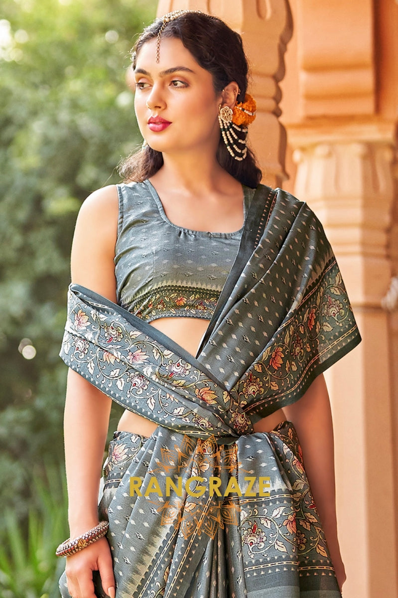 Metal Greyish Green Regal Kia Silk Printed Saree