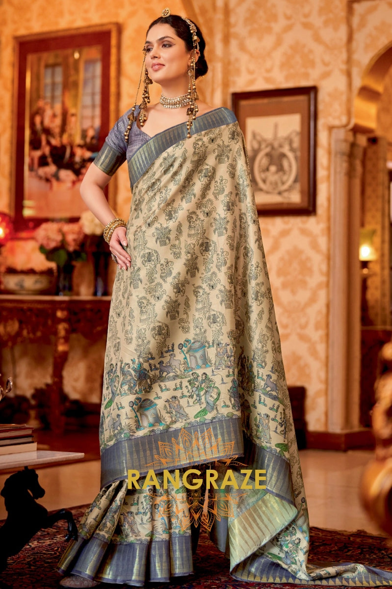 Blue Beige Weaving Rich Print Manipuri Temple Patta Saree