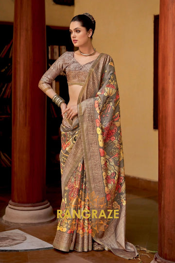 Cholcolate Brown Weaving Katav Jari Pata Printed Saree