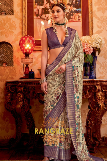 Purple Beige Weaving Rich Print Manipuri Temple Patta Saree