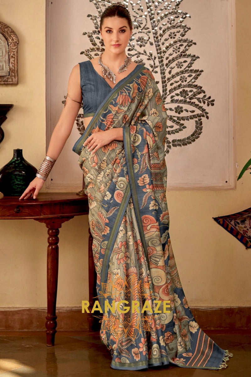 Charcoal Grey Weaving Katav Jari Pata Printed Saree