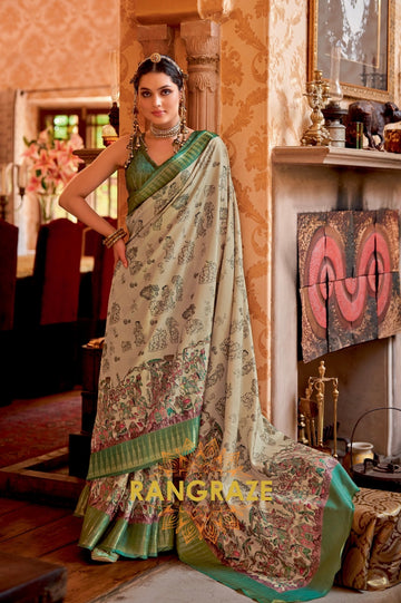 Teal Green Beige Weaving Rich Print Manipuri Temple Patta Saree