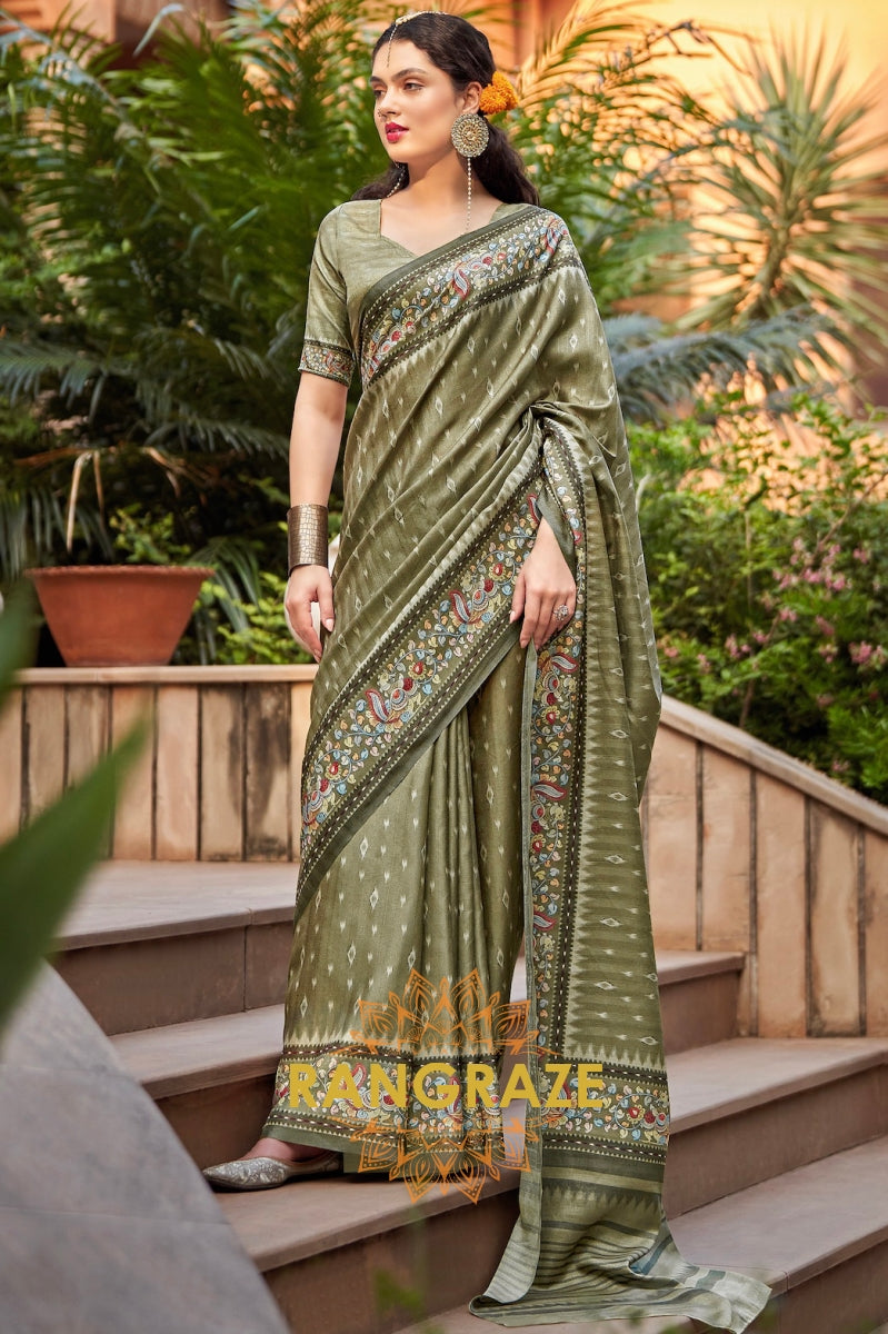 Regal Deep Green Purple Grey Kia Silk Printed Saree