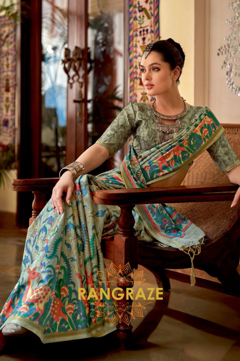 Turquoise Green Weaving Katav Jari Pata Printed Saree